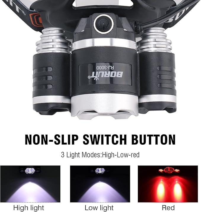 BORUIT RJ-3000 Headlamp with Red Light, 3 Modes Super Bright LED Head Lamps, USB C Rechargeabe, IPX4 Waterproof Headlight for Adults Hunting Fishing Camping