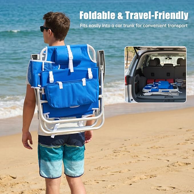SUNNYFEEL Low Beach Chair 5 Position Lay Flat, Portable Folding Backpack Beach Chairs Heavy Duty with Cooler Bag, Cup Holder for Outdoor/Lawn/Trip/Picnic/Fishing, Foldable Camping Chair (New Blue)