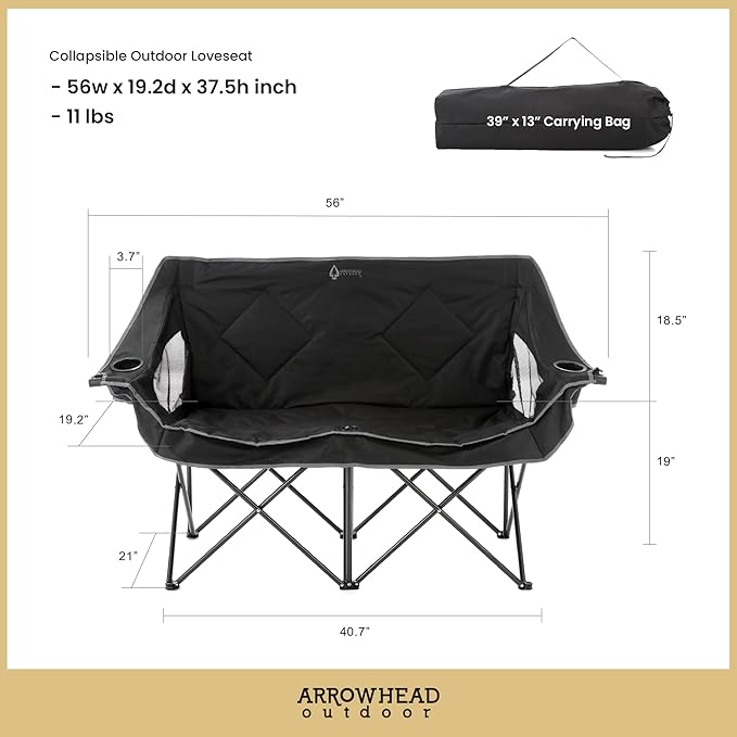 ARROWHEAD OUTDOOR Portable Folding Double Duo Camping Chair Loveseat w/ 2 Cup & Wine Glass Holder, Carrying Bag, Supports up to 500lbs