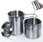Foldable Camping Cups Mugs Camping Pot Cookware 304-Food-Grade Outdoor Camp Cooking Set with Vented lid,Stainless Steel Backpacking Cookware for Hunting