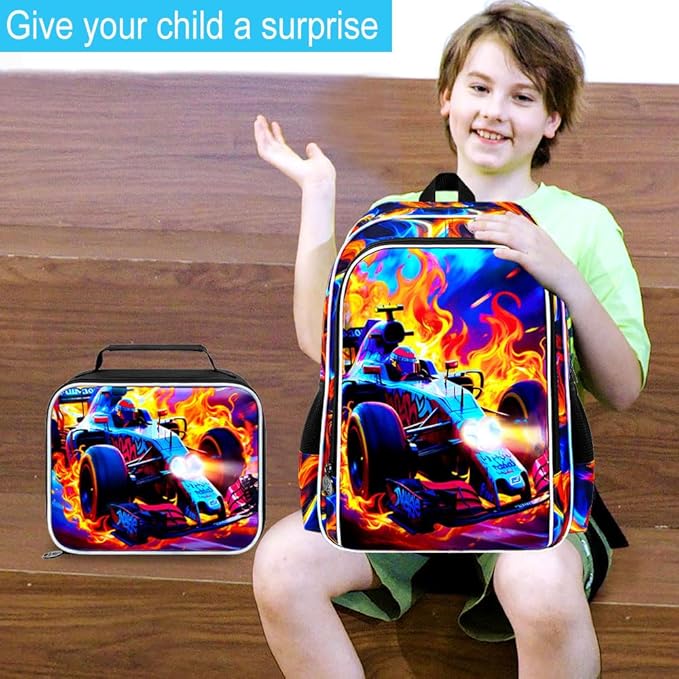 3Pcs Cars Backpack for Boy, 17" Bookbag for Elementary Preschool Kindergarten, Kids Fire School Backpacks with Lunch Box (Red)