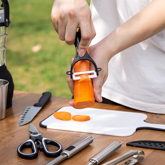 Odoland 14pcs Camping Cooking Utensils Set, Stainless Steel Outdoor Kitchen Cookware Kit, Portable Storage Bag for Knife, Fork, Spoon, Chopping Board, Chef's Knife, Camping, Grilling, Picnic and BBQ