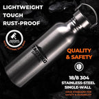 Tactiko Survival 34 oz/1000 ml Stainless Steel Wide Mouth Water Bottle, Single Wall Boil-Safe, Leakproof, BPA-Free with Carry Sleeve and Strap for Camping, Hiking, Outdoor Prep (Black)