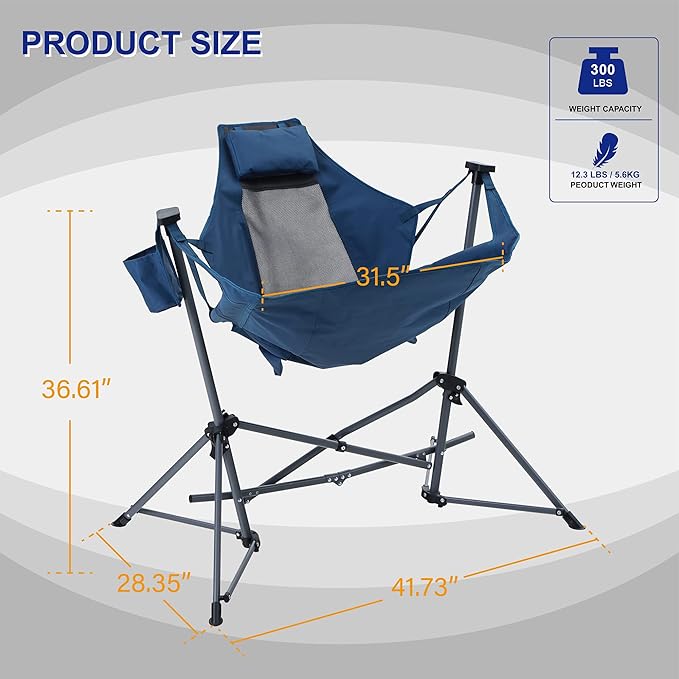 LET'S CAMP Hammock Chair Portable Camping Chair Oversized Folding Rocking Chair with Headrest and Cup Holder for Travel, Picnic, Patio, Fishing, Supports 300lbs