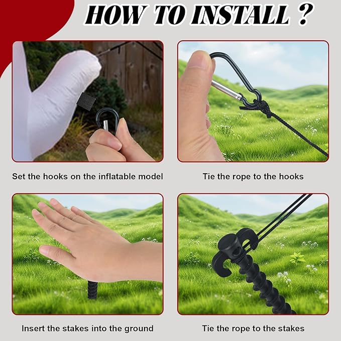 12 Sets Inflatable Stakes Replacement Set, 12 PCS 7.7" Inflatable Plastic Stakes with Tethers Ropes and Alloy Hooks, Christmas Heavy Duty Tent Stakes for Garden Yard Ground Halloween Outdoor Decor