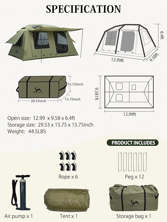 MC TOMOUNT Inflatable Tents for Camping, 6/8/10 Person Large Family Blow Up Camping Tent with Hand Pump, Easy Setup Air Glamping Tent for Outdoor Picnic Party