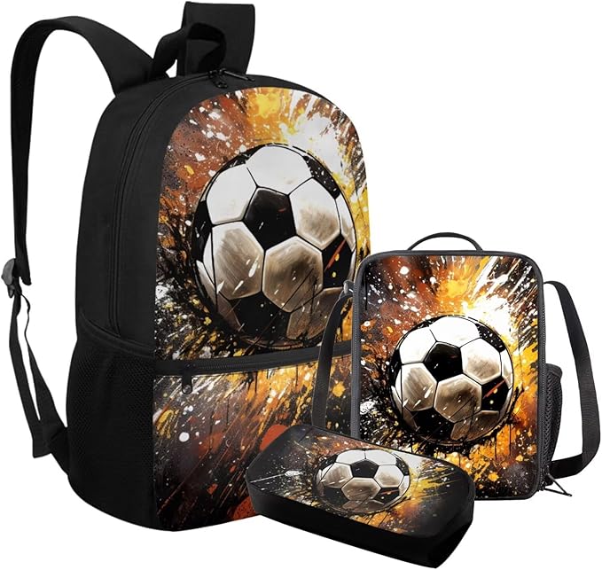 Rnyleeg Soccer Backpack for Boys 5-6 Novelty Kids Backpack with Lunch Box Large Capacity School Bag Set of 3 for Primary Students Back to School Supplies