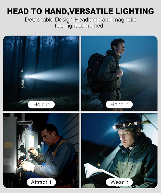 High Lumens LED Rechargeable Headlamp for Adults - Hard Hat Light Running Head Lamp Headlight with Red Light, Magnet, 180° Tilt, Detachable Flashlight & Headband, Outdoor, Emergency Use 1PC