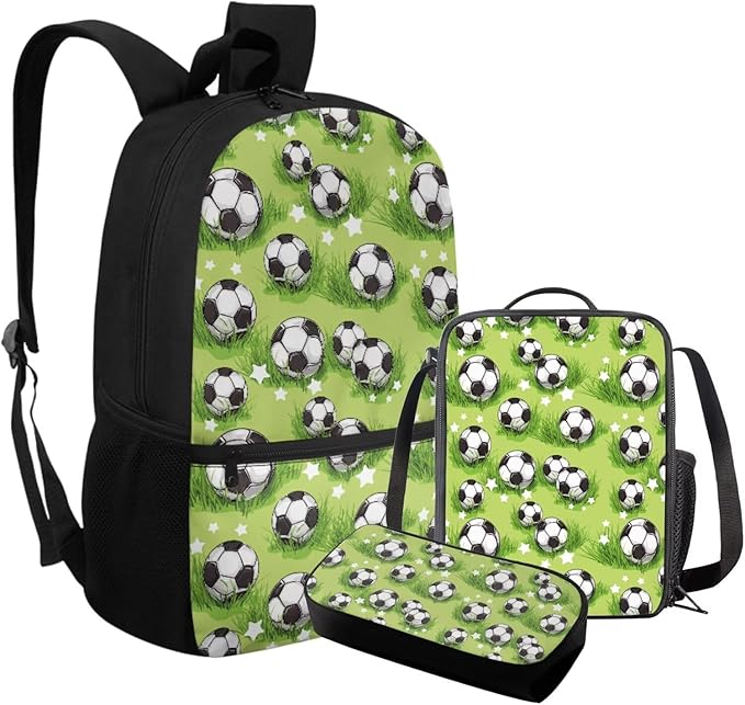 Rnyleeg Grass Soccer Backpack for Boys 5-6 Green Kids Backpack with Lunch Bag Lightweight 3 Pcs School Bag Set for Elementary Students
