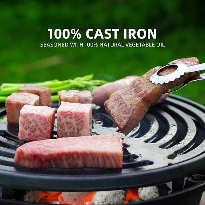 Round Mini Hibachi Grill Outdoor, Portable Small Charcoal Camping Barbecue Grill, 100% Cast Iron, Durable - Coal Door, Draft Door, Ideal for 2 People