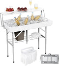 Allpop 2 Tiers Folding Ice Cooler Table with Matching Skirt, Portable Party Table with Grid Rack & Drain Hose for Patio Picnic Camping Wedding, White