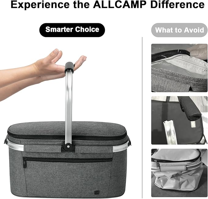 ALLCAMP Picnic Basket - 2 Ice Box Included 32L Insulated Cooler, Thickening Foldable Picnic Basket with Removable Baskets & Sewn-in Frame, Basket for House Warming Gifts New Home(Smoke Gray)
