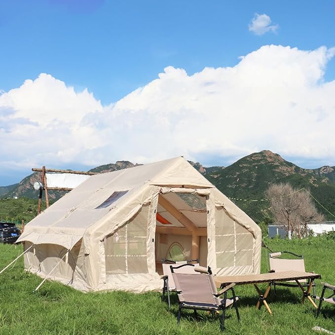 UNIISTRENGH Inflatable Camping Tent, Air Glamping Quick Set Up Waterproof Pop Up Tents with Stove Jack Hole and Carry Bag