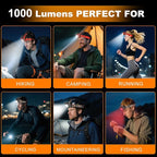 LED Headlamp Rechargeable Battery Powered Forehead 5 Light Mode 1000 High Lumen Usb C Waterproof Ultralight Head Lamp Headlights Electrician Tools Gift Night Work Flashlight Backpack Stuff