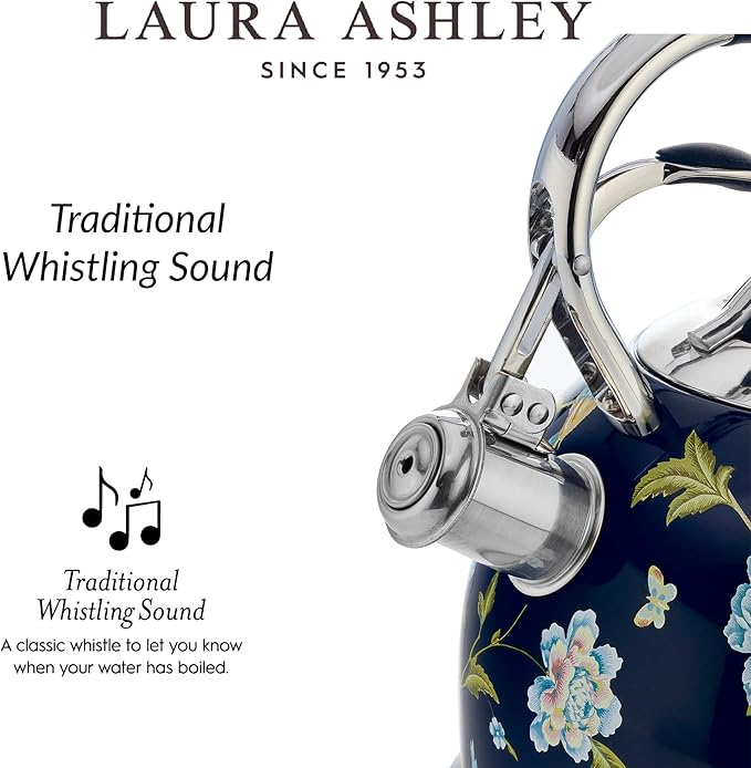 VQ Laura Ashley Elveden Navy 3L Stainless Steel Tea Kettle Stovetop Whistling Teapot for Induction, Gas Hob or others. Silicon Coated Cool Handle & Push Button Mechanism Vintage Stove Top Kettle