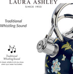 VQ Laura Ashley Elveden Navy 3L Stainless Steel Tea Kettle Stovetop Whistling Teapot for Induction, Gas Hob or others. Silicon Coated Cool Handle & Push Button Mechanism Vintage Stove Top Kettle