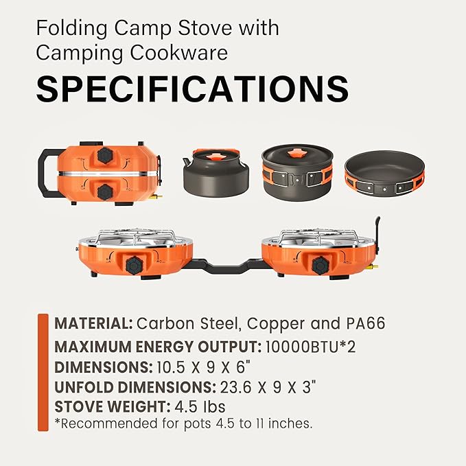 Propane 2 Burner Camping Stove Kit with Camping Cookware, Outdoor Folding Propane Gas Stove, Camp Portable Stove and Camping Cooking Set, With 20,000 Total BTUs for BBQ, Tailgating, Camping