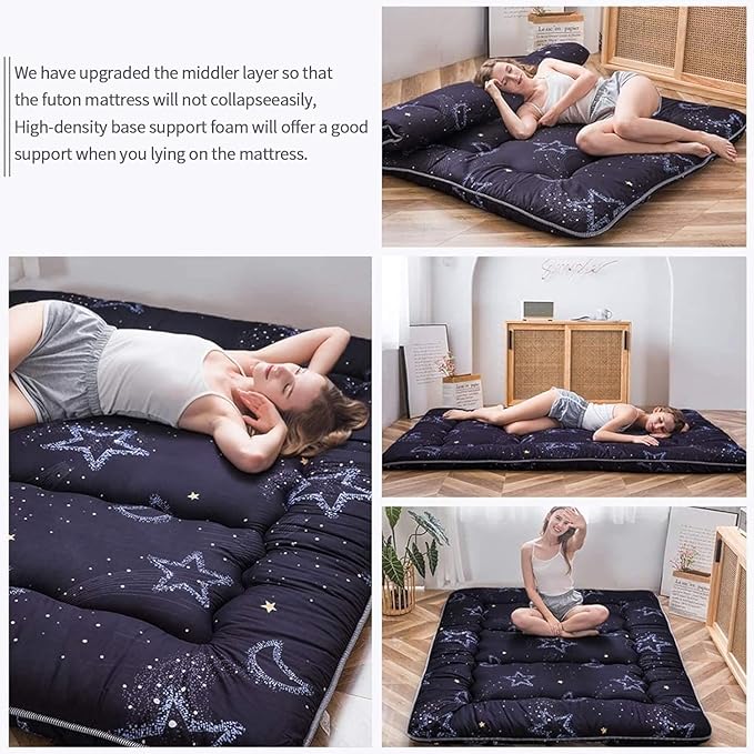 MAXYOYO Japanese Futon Mattress Floor Mattress Sleeping Pad Foldable Bed Roll Up Camping Cushion Floor Lounger Bed Couches and Sofas Couch Topper, Moon and Star, Queen Size