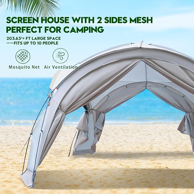 Large Beach Canopy Tent 14 X 14ft, UPF 50+ Pop Up Sun Shelter for 8-10 Person, Portable Beach Sun Shade with Side Walls for Camping, Fishing, Backyard, Fishing, Parties, Picnics