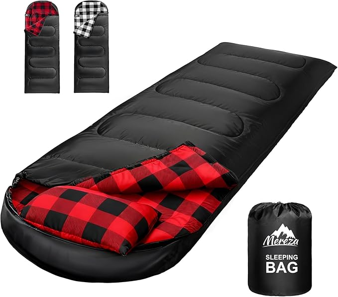 MEREZA Flannel Sleeping Bag for Adults Cold Weather, XL Sleeping Bag with Pillow for 30 Degree 4 Season Camping Large Big and Tall Sleeping Bags with Compression Sack