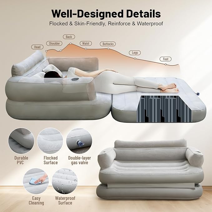 Full Size Inflatable Sofa Bed with Air Pump,2-in-1 Blow-Up Couch and Folding Air Mattress Bed for Home,Camping,and Guests