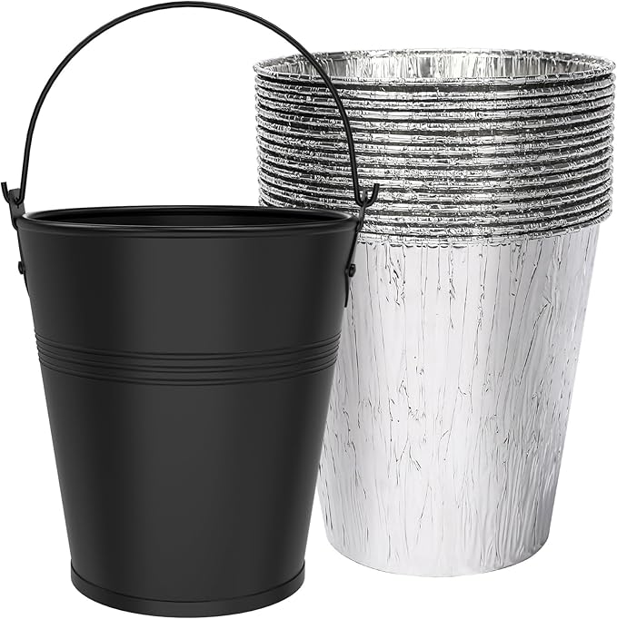 Drip Bucket and 15-Pack Disposable Foil Liners for Oklahoma Joe's, Traeger, Pit-Boss, Z Grill, Camp Chef, Grill Grease Liner Fits Most Offset Smoker, Rec Tec Pellet Grill Bucket, Black