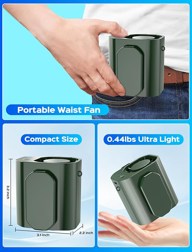 10000PRM Portable Waist Clip Fan, Up to 20Hrs Mini Personal Fan Rechargeable, Belt Clip on Waist Portable Cooling Fans for Camping, Outdoor, Jobsite - Green