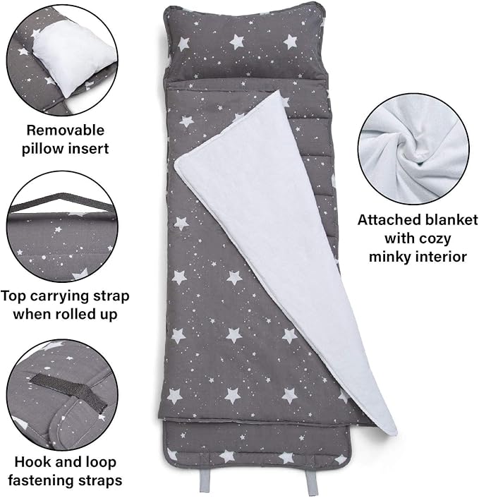 Delta Children Nap Mat - Includes Pillow & Blanket for Toddlers and Kids; Features Carry Handle w/Strap Closure and Name Tag; Rollup Design is Ideal for Preschool and Daycare; Personalization Optional