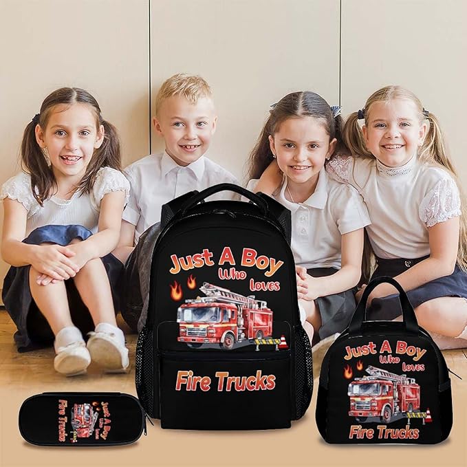 Backpack for Kids Boys, Set of 3 Fire Truck School Backpacks Matching Combo for Children Truck Lovers, Large Capacity Bookbag with Pencil Case Set Bundle for Travel Camp School