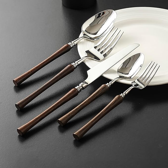 60pcs wooden silverware set, food-grade stainless steel flatware service for 12,Premium 18/8 (304) Stainless Steel Cutlery Set, Forks Spoons and Knives Set for Home/Camping/Travel, Mirror Finish