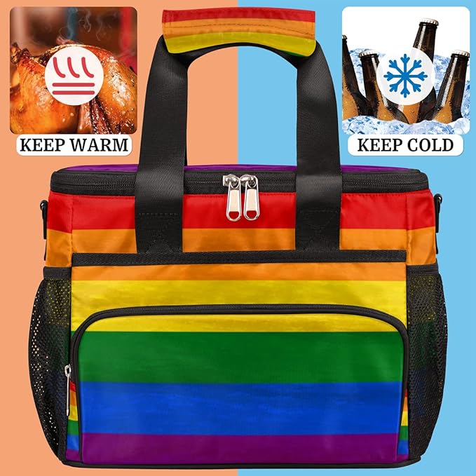 Insulated Lunch Bag Rainbow LGBTQ Pride Adult Large Reusable Lunch Box Leakproof Cooler Tote Bag Lunchbox Freezable Lunch Bag with Adjustable Strap for Women Men Picnic Work Beach