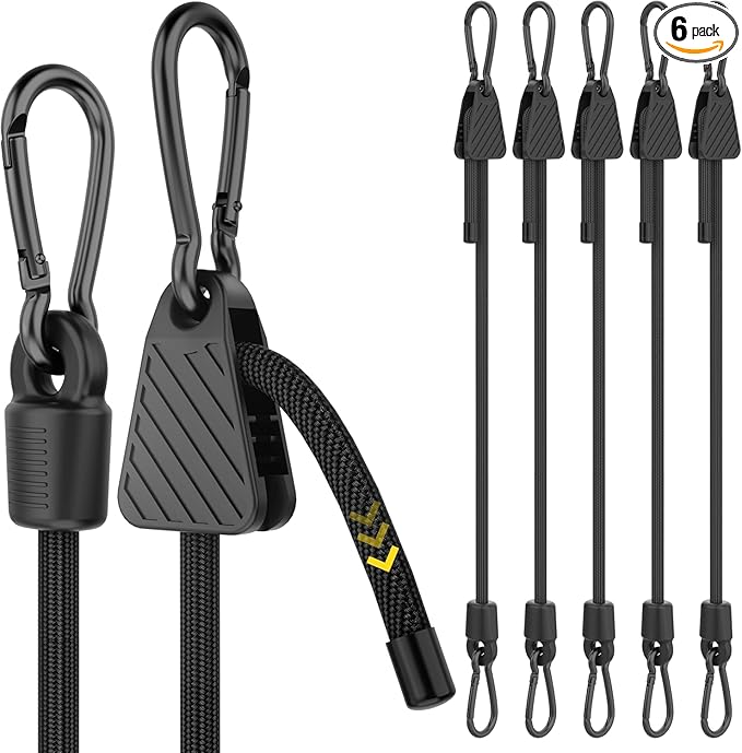 Bungee Cords, Adjustable Bungee Cord with Carabiner Hooks Heavy Duty Outdoor 48 inch Long, Adjust Length Black Elastic Ropes Tie Downs Cable with Clips On Both Ends for Trucks Bike Rack Tarps, 6 Pack