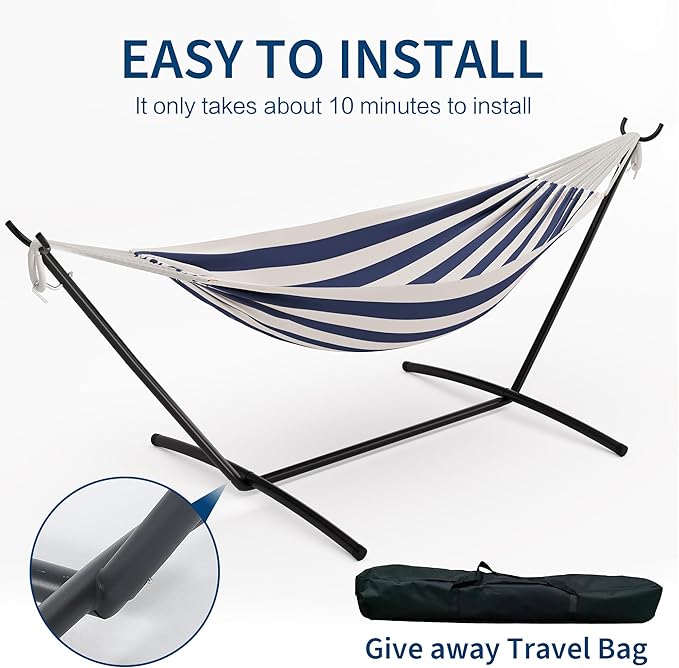 Double Hammock with Steel Stand - 2 Person Hammock Bed Indoor Outdoor, Brazilian-Style, with Carry Bag, 450lb Capacity, Portable & Easy Assembly, Blue&White