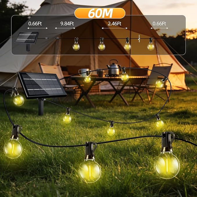 200FT Solar Lights Outdoor Waterproof: G40 60M Shatterproof Bulbs Patio Lights - Solar Powered Remote Control 3 Light Modes Dimmable Solar Light - Camping Backyard Garden Deck Outside Yard