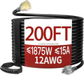 200 FT 12 Gauge Extension Cord Outdoor, Heavy Duty Weatherproof & Flame Retardant Black 3 Prong Power Cord with Light, Outside for Lawn & Garden, 13 Amps 1625 Watts 125 VAC 12AWG SJTW, ETL Listed