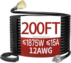 200 FT 12 Gauge Extension Cord Outdoor, Heavy Duty Weatherproof & Flame Retardant Black 3 Prong Power Cord with Light, Outside for Lawn & Garden, 13 Amps 1625 Watts 125 VAC 12AWG SJTW, ETL Listed