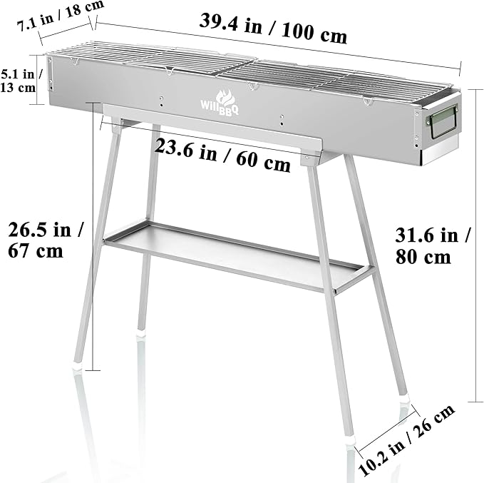 WILLBBQ Charcoal Grills Commercial Quality Portable Hibachi BBQ Lamb Skewer Folded Camping Barbecue Grill for Backyard Outdoor Cooking Use (39.4x7.1x5.1 inch With Accessories)