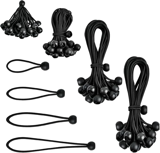 100 Pcs Bungee Cords with Ball, Small Bungee Cords Assorted Sizes with 4, 6, 8, 11 Inch, Heavy Duty UV Resistant Shock Cords, Elastic String Ties for Camping, Tent, Tarp and Canopy Shelter