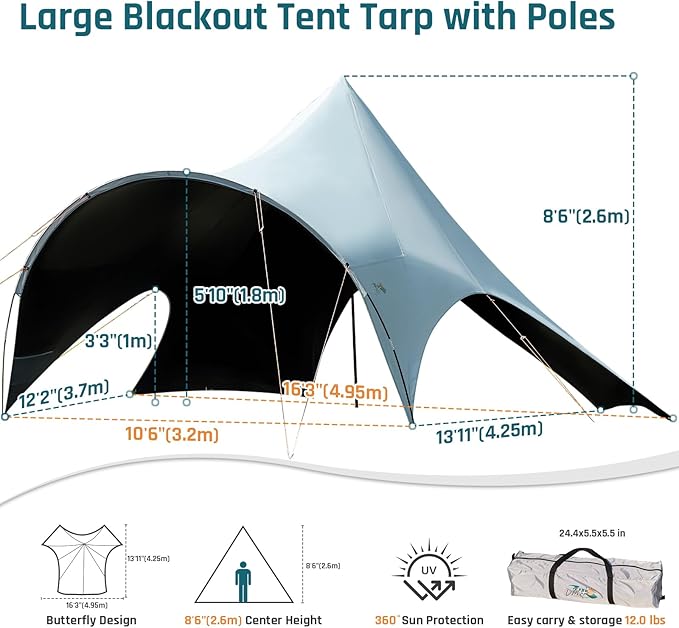 Large Blackout Camping Tarp with Poles Waterproof Shade Canopy Tent Tarp Sun Shade Shelter for Outdoor Camping Backyard Picnic - Included Guy Lines & Luminous Tent Stakes, Gray
