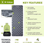 ATEPA ThermAir Backpacking Inflatable Sleeping Pad, 5 R-Value Insulated Ultralight Portable Sleeping Pad Thick Camping Mat with Pump Sack for Camping Backpacking Tent, Wide Long Size 71.65"x24.41"