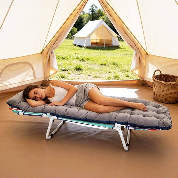 LILYPELLE Folding Camping Cot, Extra Wide Heavy Duty Sleeping Cots with Carry Bag, Double Layer Oxford Portable Travel Camp Cots for Home, Office Nap and Outdoor Beach