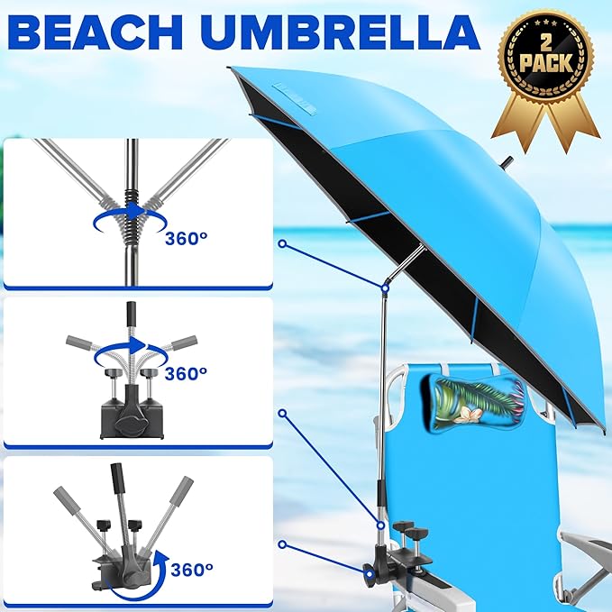 Beach Umbrella, 2PACK 48.7inch Chair Umbrella with Clamp adjustable 360°, UV Protection Large Camping Chair Umbrellas for Camping chair, Glof Cart,Table(Chair,Table not include)