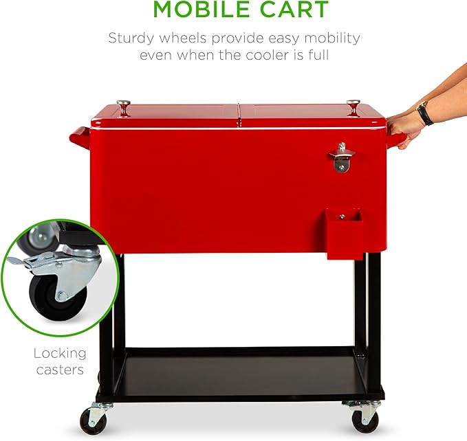 Best Choice Products 80-Quart Outdoor Steel Rolling Cooler Cart w/Ice Chest, Bottle Opener, Catch Tray, Drain Plug, Locking Wheels