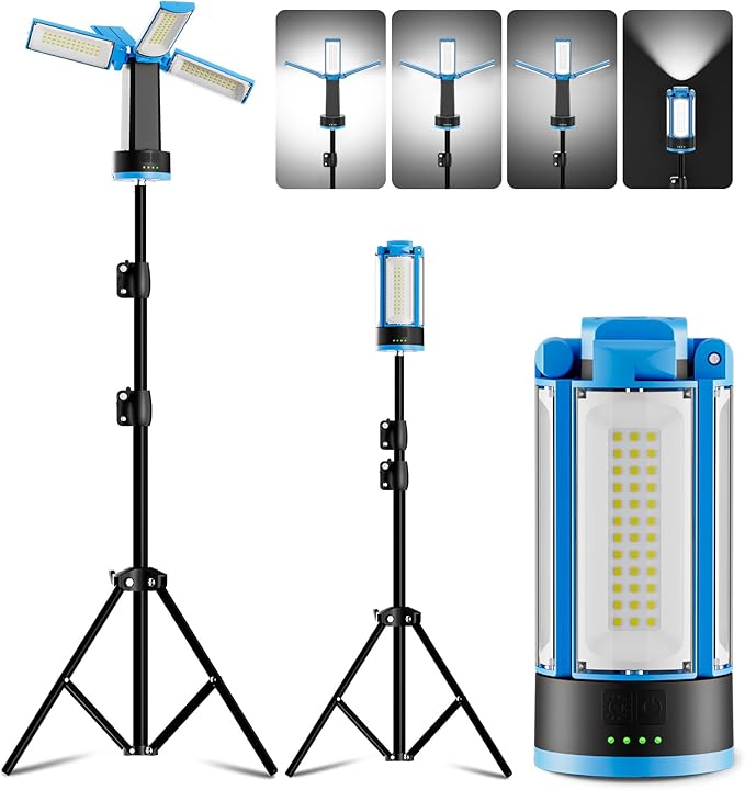 Rechargeable Camping Light with Metal Stand, Freestanding Portable Work Light with 4 LED Heads, Magnetic Work Light Waterproof for Outdoor Emergency, Flashlight with Detachable Tripod