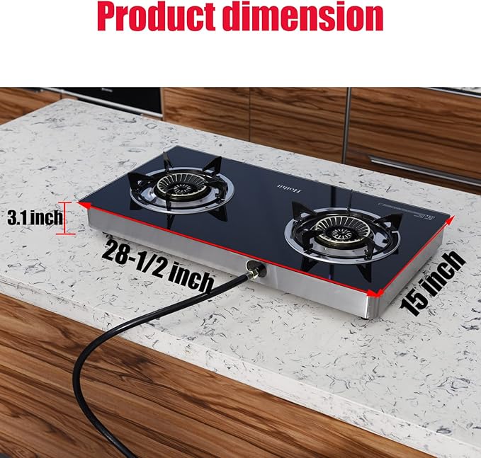 Hothit Portable 2 Burner Propane Stove Gas Cooktop, 28600 BTU Tempered Glass Auto Ignition for Outdoor Kitchen, Camping, RV, Small Apartment