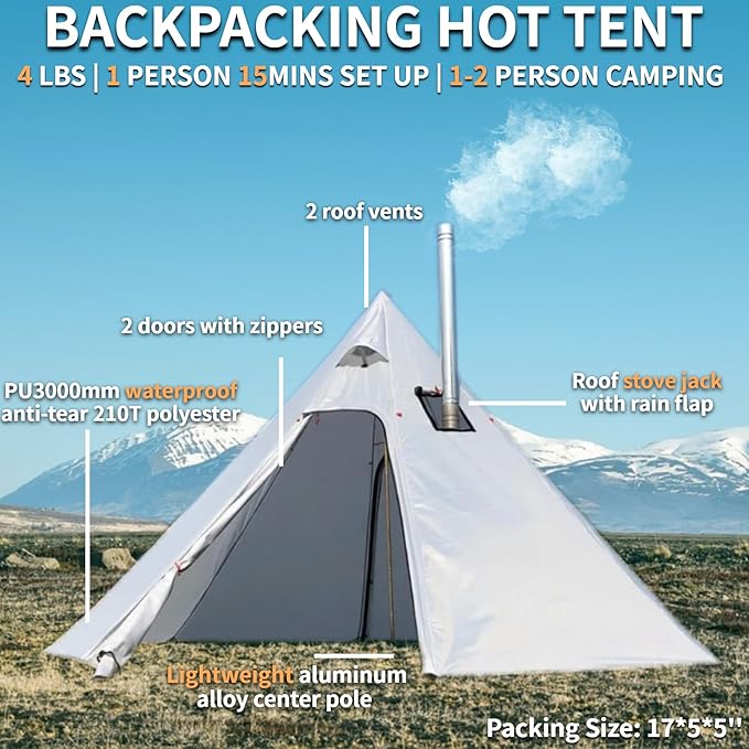 DANCHEL OUTDOOR Backpacking Hot Tent w/Stove Jack, Portable Tipi Tent with T6 Titanium Folding Wood Stove for 1-4 Person Winter Camping Hunting,3m/4m