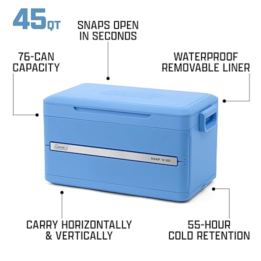 Coleman Snap N Go 45qt Collapsible Hard Cooler, Keeps ice Cold for up to 55 Hours, Holds up to 76 cans, Collapses up to 1/3 its Size, Can Hold up to 200 pounds, Blue Sky