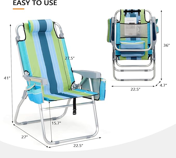 VINGLI Tall Beach Chair 1 Pack, with 5-Position, Cooler Bag, Cup Holders, Towel Bar, Lightweight Folding Beach Camping Chairs for Adults