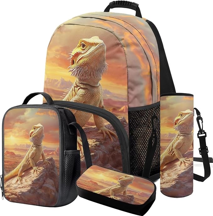 Lizard Backpack with Lunch 2Nd Grade Backpack Boys Fashion Portable Boys Bookbag Age 6-8 with Lunch Box 4 in 1 School Bag for Boy 6-7 Travel Hiking Daypack Outdoor Camping
