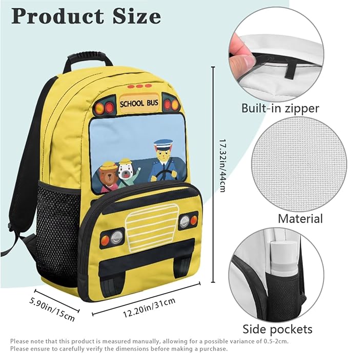 School Bus Backpack and Lunch Box Cool Kids Backpack Lightweight Portable Bookbag and Lunch Box Set for Boys 4pcs School Bag for Boys 6-7 Outdoor Travel Daypack Hiking Camping